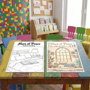 Póster para colorear rincón acogedor, hojas de ilustración relajantes para adultos y niños.