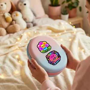 Jolie boîte de rangement rigide avec design de dessin animé dans un décor chaleureux.
