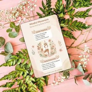 Mindful movement emotional recovery card detail view showcasing positive energy and healing quotes.