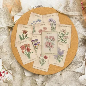 Vintage botanical flower oracle cards set with artistic watercolor illustrations.