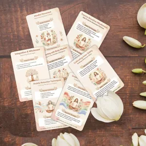 Detail view of mindfulness recovery healing cards arranged on wooden table with elegant flowers.