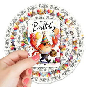 Detailed close-up of a cute cartoon pirate crab birthday greeting card with vivid party design.