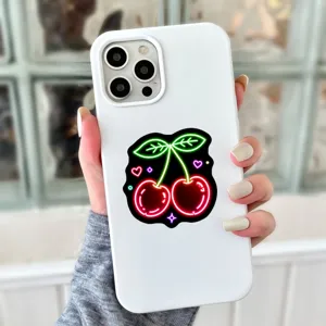 Coque de protection blanche pour smartphone avec design autocollant cerise néon, accessoire.