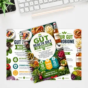 Detailed view of gut health diet spiral notebook, featuring meal plans and food details.