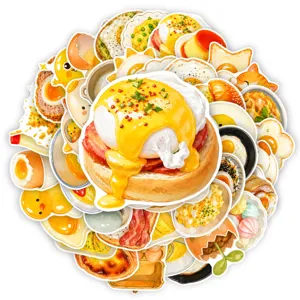 Close-up details of cute food stickers pack featuring eggs, toast and dessert illustrations.