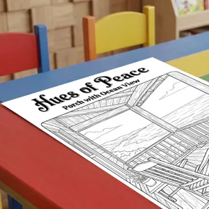 Vista detallada del póster para colorear con tema de porche junto al mar y líneas.