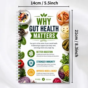 Gut health planner spiral notebook with diet plans and food matching guides for daily wellness.
