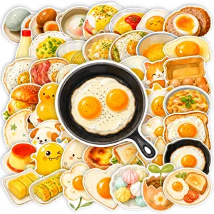 Detailed view of cute fried egg and dessert stickers, watercolor style, perfect for journal decor.