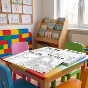 Detailed view of nature floral themed adult coloring posters on a kids wooden table.