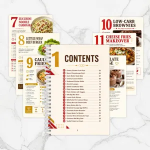 Portable spiral low-carb recipe notebook with detailed daily cooking guide and meal plan pages.