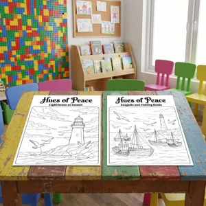 Detail view of ocean theme coloring posters featuring lighthouse and boats, creative kids art.