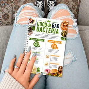 Nutritional planning spiral notebook featuring dietary plans and gut bacteria science guide.