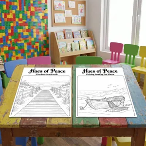 Primer plano detallado de pósteres para colorear con escenas de pasarelas y barcos de pesca.