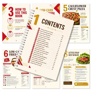Portable spiral bound low-carb recipe manual with detailed cooking steps and nutrition facts.