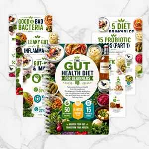 Gut health diet recipe spiral booklet detail showing nutritious food guide and meal plans.