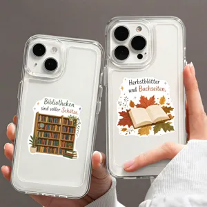 Transparant hoesje detail met literaire boek- en herfstbladillustratieprints.