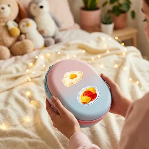 Pastel oval storage case with cute food stickers, cozy bedroom lifestyle detail view.