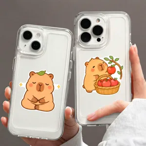 Clear phone case featuring cute cartoon capybara stickers, transparent design showing phone beauty.