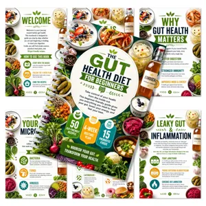 Gut health diet plan spiral notebook, 28 pages handbook with meal prep & food pairing guides.