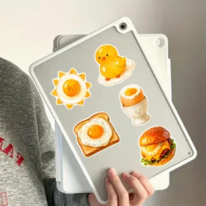 Cute food and animal egg sticker detail view, waterproof vinyl decorative decal for journal tablet.