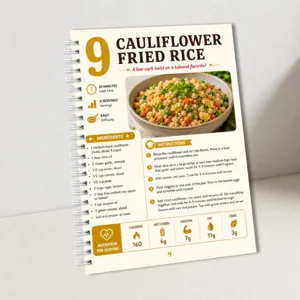Portable spiral recipe notebook detail page showing cauliflower fried rice cooking guide.