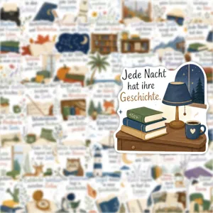 Gezellig boek en koffie sticker detail, artistiek leesontwerp met een warme gezellige nachtlamp.