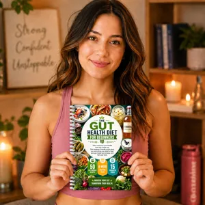 Detailed view of a gut health diet planner spiral notebook with colorful food cover design.