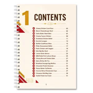 Spiral recipe notebook inner page showing contents of healthy cooking meal ideas and daily recipes.