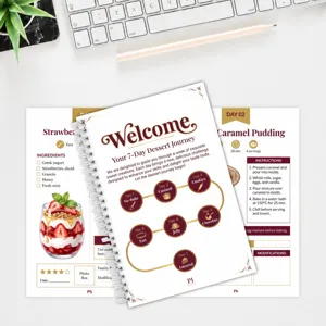 Spiraalnotitieboekje met recepten voor zeven dagen dessert en handige bakinstructies