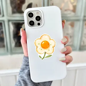 Cute white phone case with fried egg flower design, premium protective case detail view.