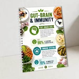 Detailed view of nutrition gut brain health spiral notebook planner with infographic cover design.
