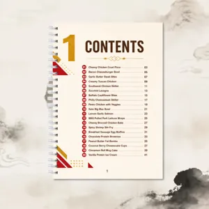 Detailed view of the recipe notebook index page showing delicious meal options and page numbers.