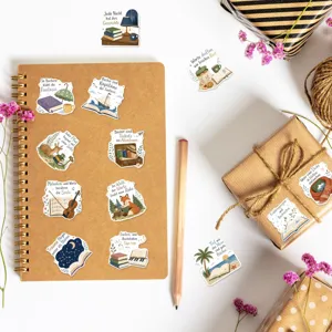 Decoratieve literaire stickerset met boeken- en koffiemotieven voor dagboek, 50 stuks.