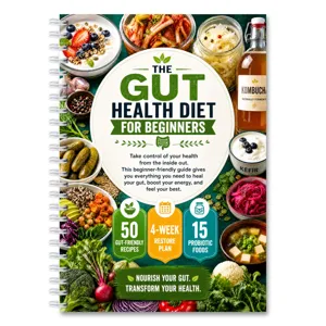 Detailed cover design of the gut health diet spiral notebook showcasing recipes and food plans.