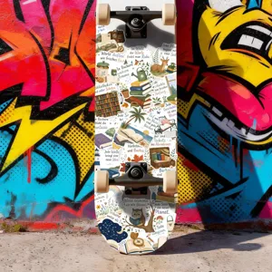 Artistiek skateboarddeck in literaire stijl met leuke boeken- en natuurstickermotieven.