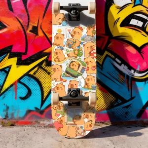 Detailed shot of cute capybara skateboard stickers, waterproof vinyl decal pack for laptop decor.