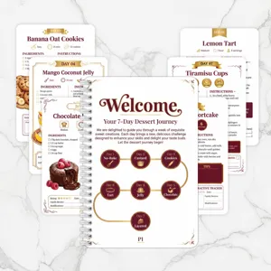 7-daagse dessertrecepten spiraalnotitieboekje met dagelijkse bakinstructies en tracking.