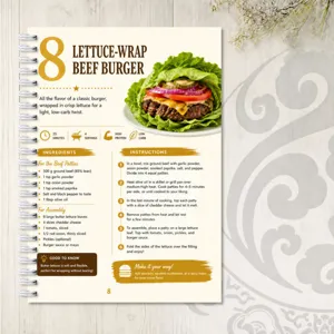 Portable spiral recipe notebook inner page featuring a healthy lettuce wrap beef burger cooking guide.