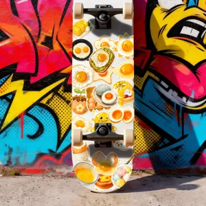 Detailed view of creative egg-themed cartoon stickers on a cool skateboard for daily use.