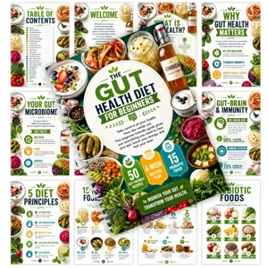 Gut health diet spiral handbook with 28 pages of nutrition guides, recipes, and meal plans.