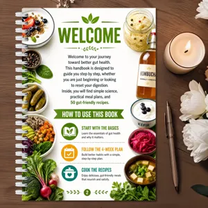 Gut health spiral handbook with meal plans, diet guides, and recipes for healthy digestion.