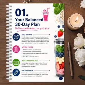 Página de cuaderno de plan de batido equilibrado de 30 días con guías de comidas saludables.