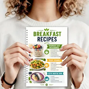 Nutrition meal planner spiral notebook detail showing healthy breakfast recipes and food ingredients.