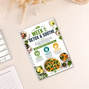 Spiral bound nutrition diet planning notebook detail, weekly detox and healthy meal guide layout.