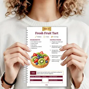 Spiraal receptennotitieboek detail met dag 17 fruit taart gids en bereidingsstappen.