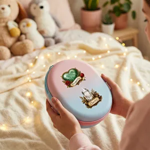 Close-up detail of pastel hard organizer case with crystal sticker in cozy bedroom.