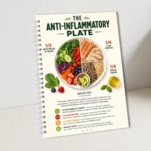 Gros plan de la page de carnet spirale de l'assiette anti-inflammatoire et son guide.
