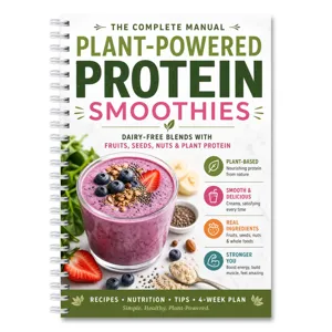 Vue détaillée de la couverture du manuel de smoothies protéinés aux plantes avec des recettes.