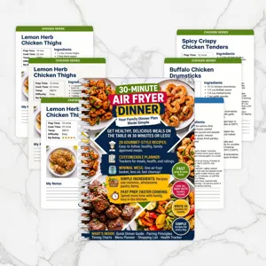 Air fryer recipe book and meal planner with 30-minute quick dinner guides and trackers.