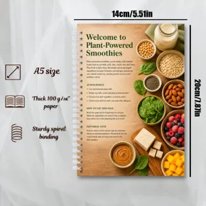 Carnet de recettes de smoothies végétaux relié en spirale A5 avec conseils de nutrition.